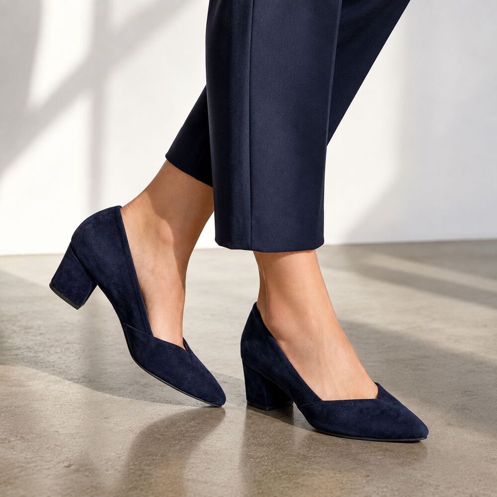 Paul Green Navy Suede Block Heel Pumps Pointed Toe Heels US 7 UK 4.5